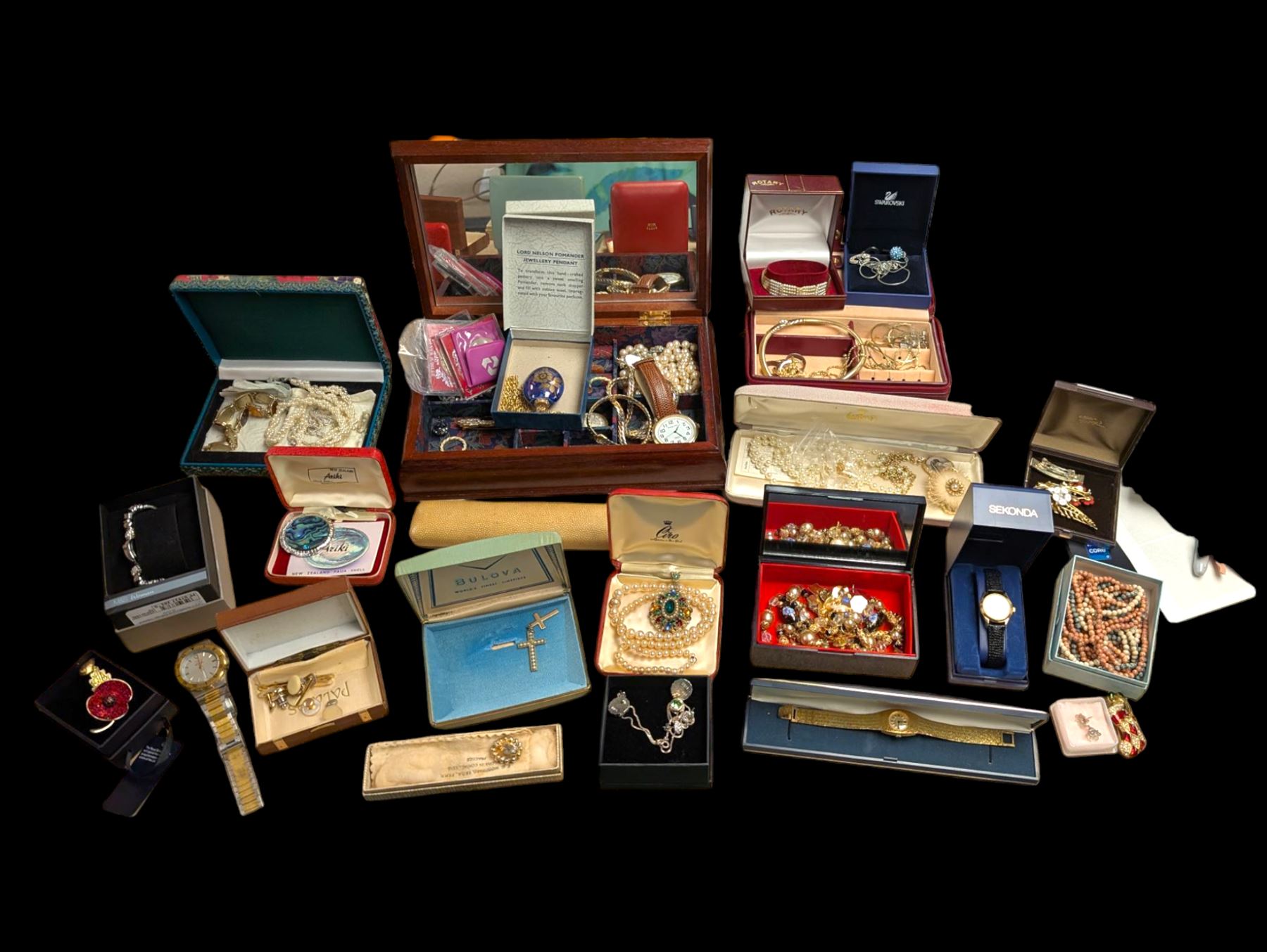 Silver marcasite wristwatch and a large collection of costume jewellery, including beaded necklaces, wristwatches, etc, 