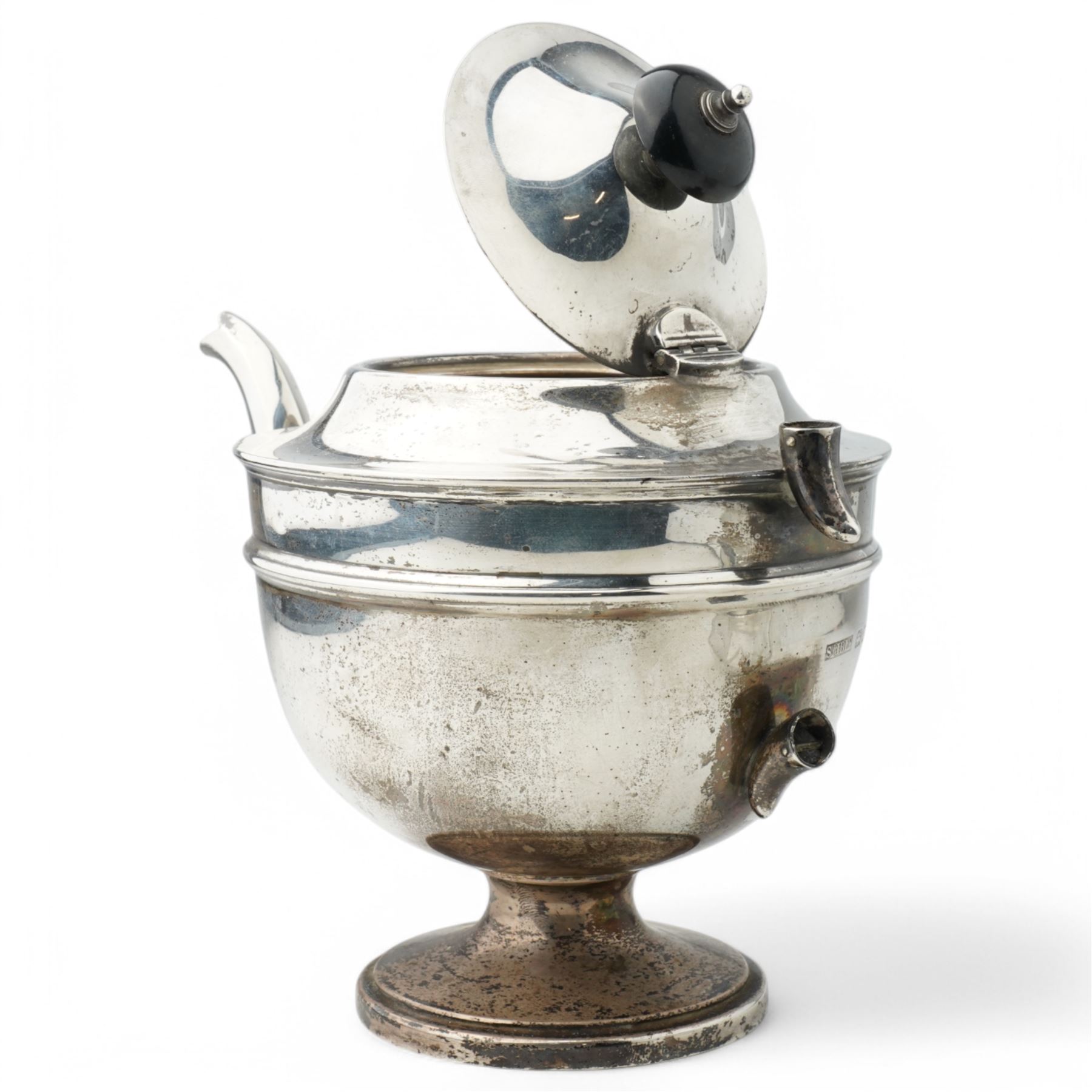 Silver circular teapot on short pedestal foot London 1932 and a glass powder bowl with silver cover Sheffield 1933