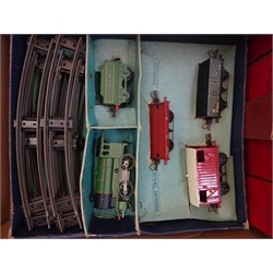  Hornby '0' gauge - No.601 LNER Goods Train Set with Type 501 0-4-0 locomotive No.1842, tender and three wagons, boxed, five additional boxed wagons and a quantity of track, buffers, signal etc, in two boxes  