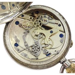 19th century Swiss silver open face keyless chronograph pocket watch, white enamel dial with Roman numerals, centre seconds and thirty minute recording dial, over constant seconds outer minute ring, plate signed 'The Newmarket', case No. 39585, makers mark K&Co, Swiss hallmarks, in fitted silk and velvet lined case by Cooke & Kelvey, Calcutta & Simla, back paper dated 1895
