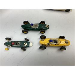 German Schuco Examico 4001 tin-plate clockwork model car with cream body work, steering wheel and gear stick; repainted Schuco die-cast BMW; three Minic Motorways cars; and three Scalextric Formula 1 racing cars; all unboxed (8)