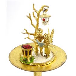 Christopher Nigel Lawrence limited edition silver and parcel gilt surprise mushroom, the textured domed cover opening to reveal two elves carolling beneath a lantern and before a fire pit set with semi-precious stones, upon a slate base, no 24/250, hallmarked Christopher Nigel Lawrence, London 1982, overall H9cm