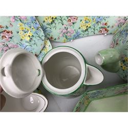 Shelley Melody pattern tea service for six, to include teapot, teapot stand, hot water jug, milk jug, covered sucrier, teacups and saucers, cake plates etc (31)