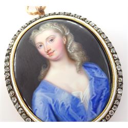 Christian Friedrich Zincke (German 1683-1767)
Portrait miniature upon enamel, circa 1750
Head and shoulder portrait of a young woman in blue gown, her hair adorned with pearls 
Within gilt frame, with old cut diamond border and white enamel inner border 
Oval 4.5cm x 3.5cm

Provenance
Purchased by the current vendor from Judy & Brian Harden Antiques September 98

Born in Dresden in 1683, Christian Friedrich Zincke travelled to London in 1706 to work at the studio of miniature painter and enamellist Charles Boit; later inheriting Boit's fashionable clientele. 
During his time in London Zincke is said to have dominated the market, training a number of well known English miniature painters including William Prewett, and also gaining Royal patronage aided by the endorsement of notable portrait artist Sir Godfrey Kneller.
Zincke worked extensively for the Royal Family, including George II and Frederick Prince of Wales, and is arguably the most successful enamel painter of the period in which he worked. 


