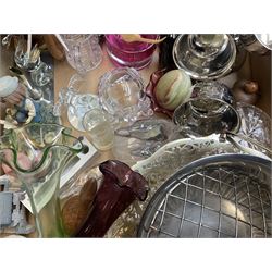 Quantity of glass and metal ware to include silver plate, decanters, paperweight, decanter, coloured glass etc in four boxes