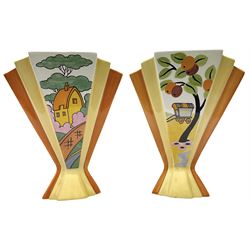 Two Wedgwood Clarice Cliff sunray vases, in Caravan design and Orange Roof Cottage design, both limited edition, H21.5cm. 