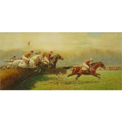 Eugène Péchaubès (French 1890-1967): 'Last fence at Auteuil' Paris, oil on canvas signed 3...