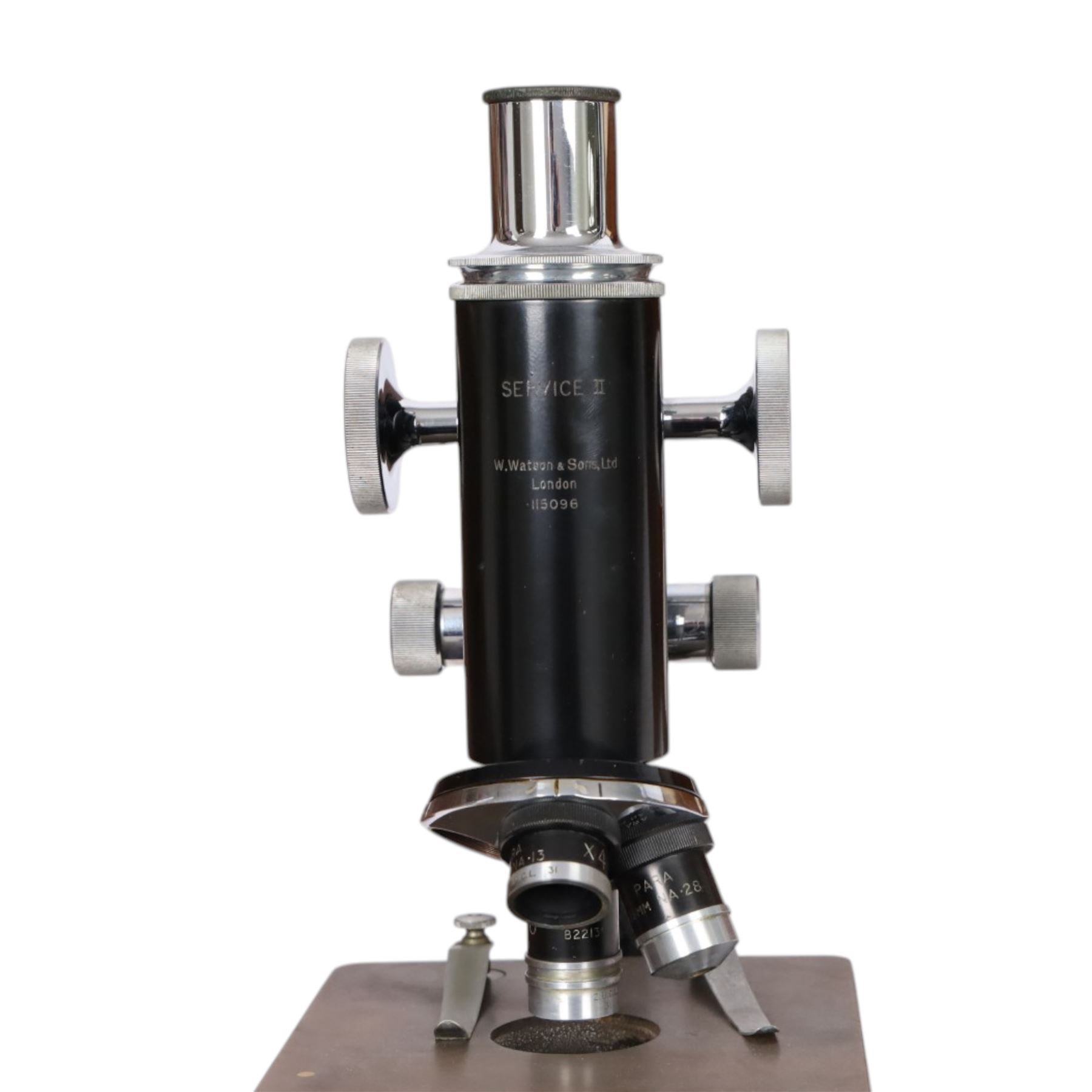 Mid 20th century W.Watson & Sons Ltd Service II microscope, no. 115096, in fitted carry case, originally sold by the Grant Museum of Zoology and Comparative Anatomy on behalf of the Department of Biology, University College London