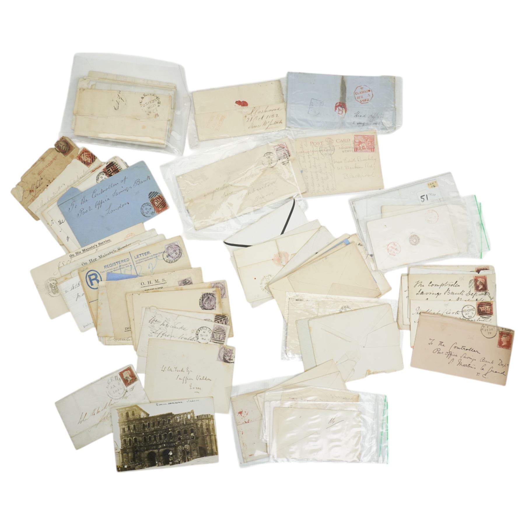 Postal History including, pre-stamp items, Queen Victoria imperf and perf penny reds on covers or entires, mourning covers etc