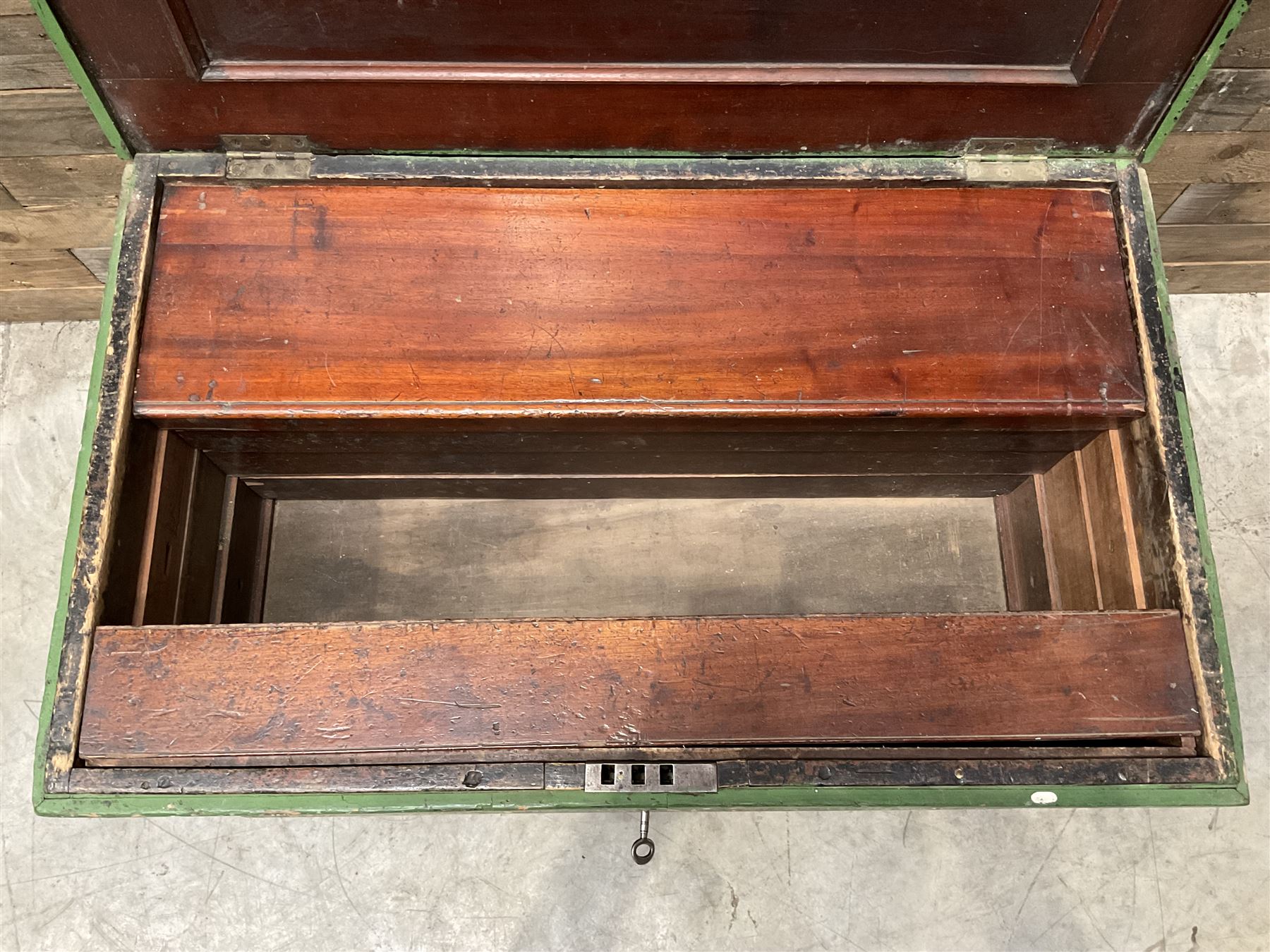 19th century green painted pine carpenters tool chest, mahogany lined fitted interior with adjustable sliding fitted compartments