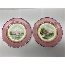 Victorian topographical dessert service, each hand painted with named landscapes of Buxton scenes to include Waterfall Lover's Leap, Miner's Cotage (Cottage) and Haddon Hall, within a gilt circular cartouche and pink banded border, comprising two comports, three tazzas and twelve plates, with painted titles and no 3968 beneath to most, comport H11.5cm, plates D23cm