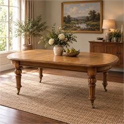 Large Victorian oak extending dining table, the rectangular top with rounded corners and m...