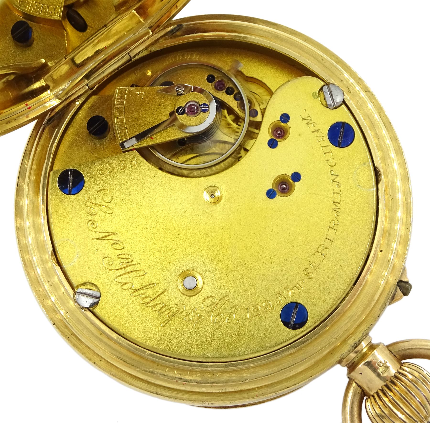 Victorian 18ct gold open face keyless lever pocket watch by L.N. Hobday & Co, Birmingham, No. 33936, white enamel dial with Roman numerals, back case engraved with coat of arms, inscription 'Supra Spem Spero' (I hope beyond hope) and initialled, case markers mark FK, London 1890