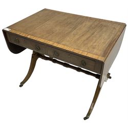 Regency mahogany sofa table, rectangular crossbanded top with twin drop-leaf ends, fitted with single drawer and one faux drawer, raised on shaped end supports united by ring turned stretcher