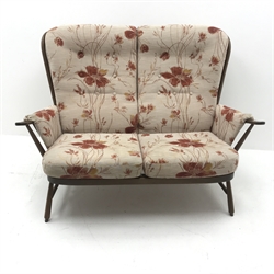 Ercol Golden Dawm elm Windsor tall back two seat sofa with fitted cushions, W144cm  