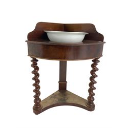 Victorian mahogany corner washstand bow-front table, raised back and banded frieze, raised on front spiral turned supports united by platform base, with ceramic bowl