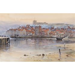 Herbert Moxon Cook (British 1844-1928): Whitby Chimneys at Dusk, watercolour heightened wi...