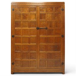 Mouseman - early-to-mid-20th century figured panelled and adzed double wardrobe of large p...