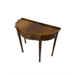 Georgian design mahogany side table, shaped top over two drawers, on square tapering fluted supports with spade feet