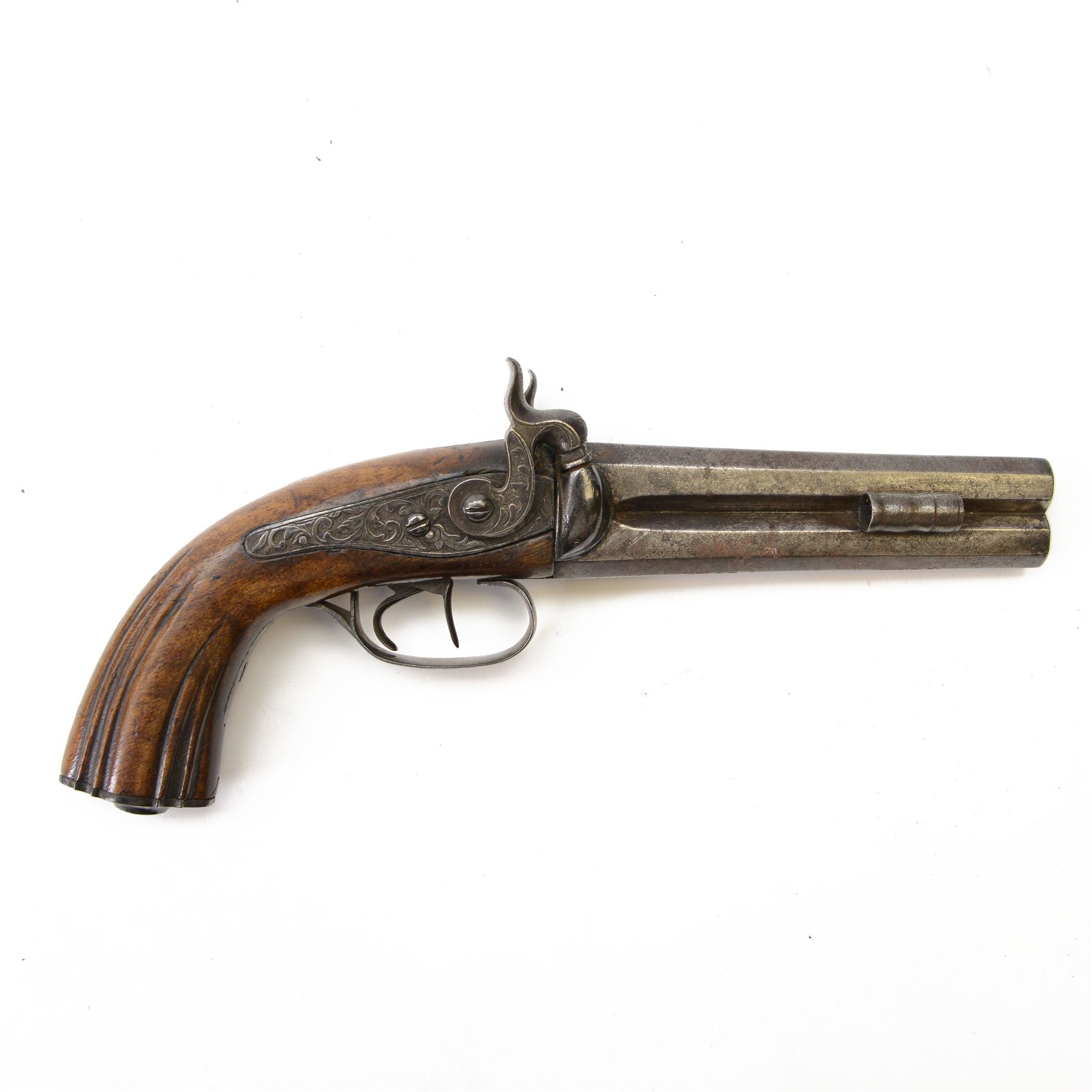 19th century double-barrelled percussion pistol, the octagonal, over and under, barrels with remains of the signature 