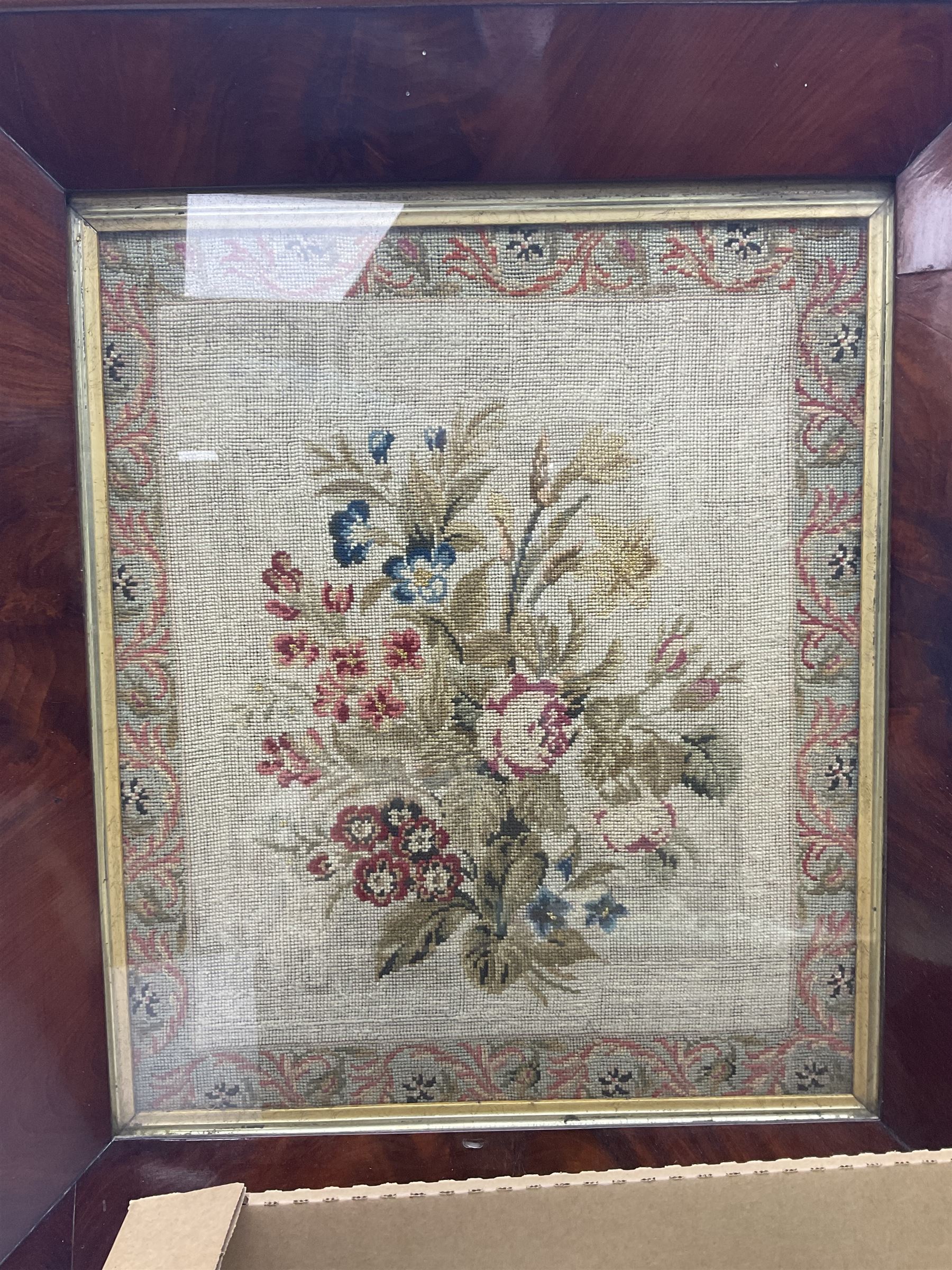 Floral tapestry in a mahogany frame, large collection of cigarette cards, framed tapestry, small microscope and a wooden correspondence box, frame H66cm