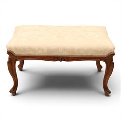 French walnut dressing stool, upholstered in pink damask fabric, raised on cabriole legs 