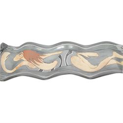 Studio pottery twin handled platter, of waved form, decorated with a female swimmer, L84cm, D22cm
