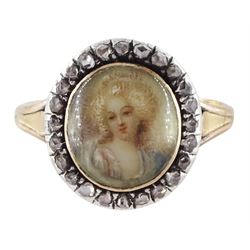 19th century French 18ct gold and silver diamond portrait ring, set with an oval miniature...
