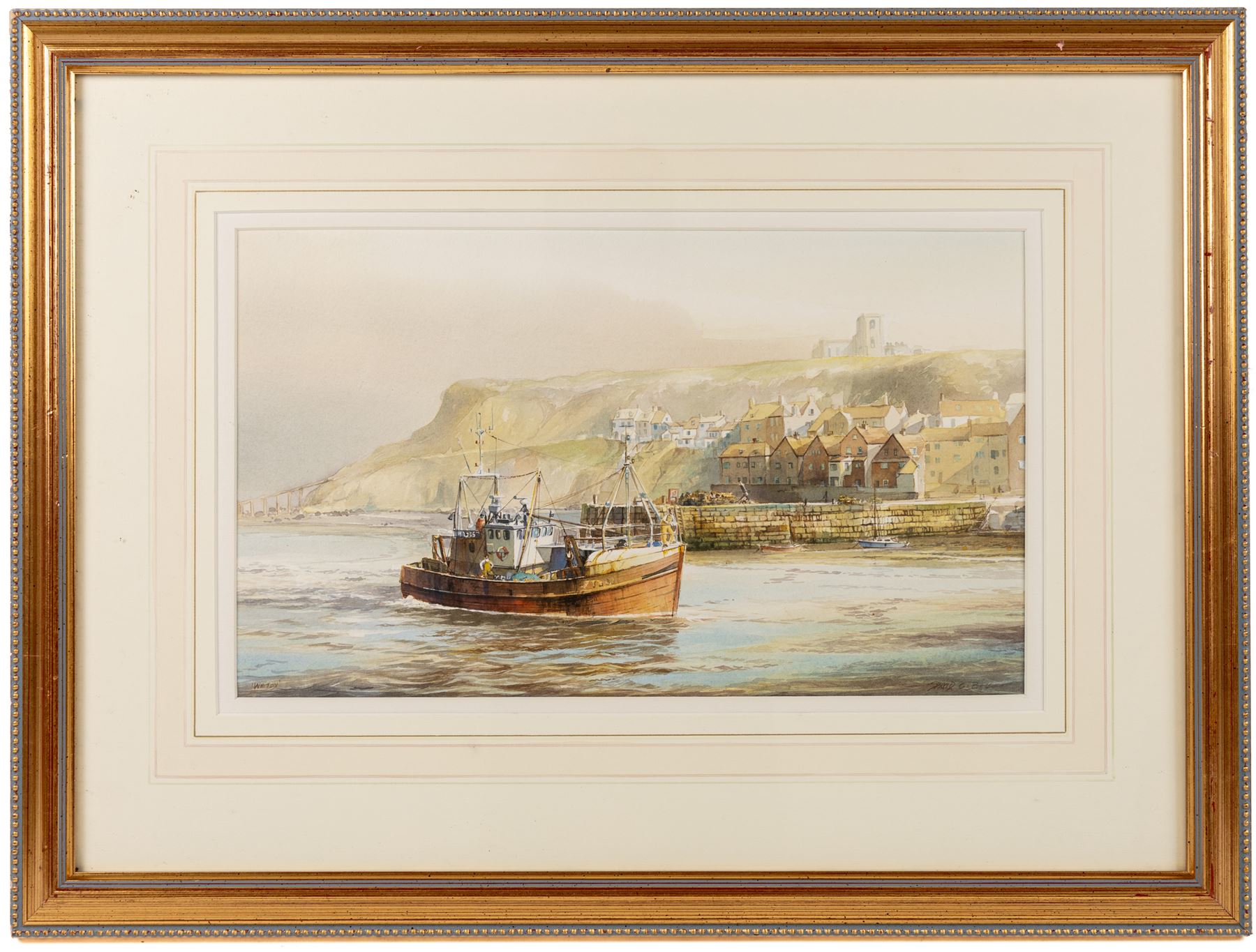 David C Bell (British 1950-): ‘Local Fisherman Arriving Whitby’, watercolour signed, titled and dated 1988 verso 25cm x 43cm