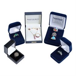 Silver-gilt stone set suite of jewellery, including ring, necklace and pair of earrings, t...
