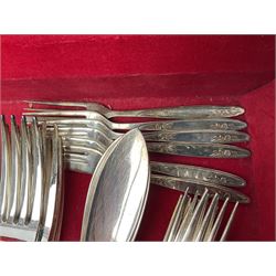 Canteen of King's pattern cutlery for six place settings by James Ryals of Sheffield, with two extra forks, pair of salad servers and six fish knives, all within fitted wooden case, together with six ivorine handled butter knives and six silver plated cake forks