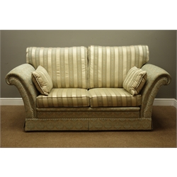  Steed Upholstery 'Kedelson' pair two seat sofas (W1294cm, H87cm), matching armchair (W98cm, H100cm) and storage footstool upholstered in embossed striped fabric, (4)  