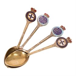 Pacific Steam Navigation Company tableware, comprising hot water pot, milk jug, egg cup and coffee cup, white with navy blue crest by Grindley Hotel Ware, pepper mill and four EPNS teaspoons with enamel decoration