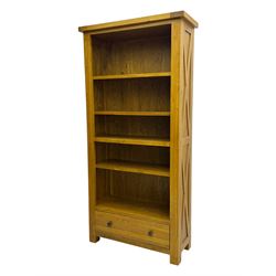 Oak Furnitureland, golden oak open bookcase fitted with single drawer