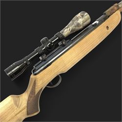 .22 air rifle with under lever action, chequered pistol grip, adjustable butt, camo covere...