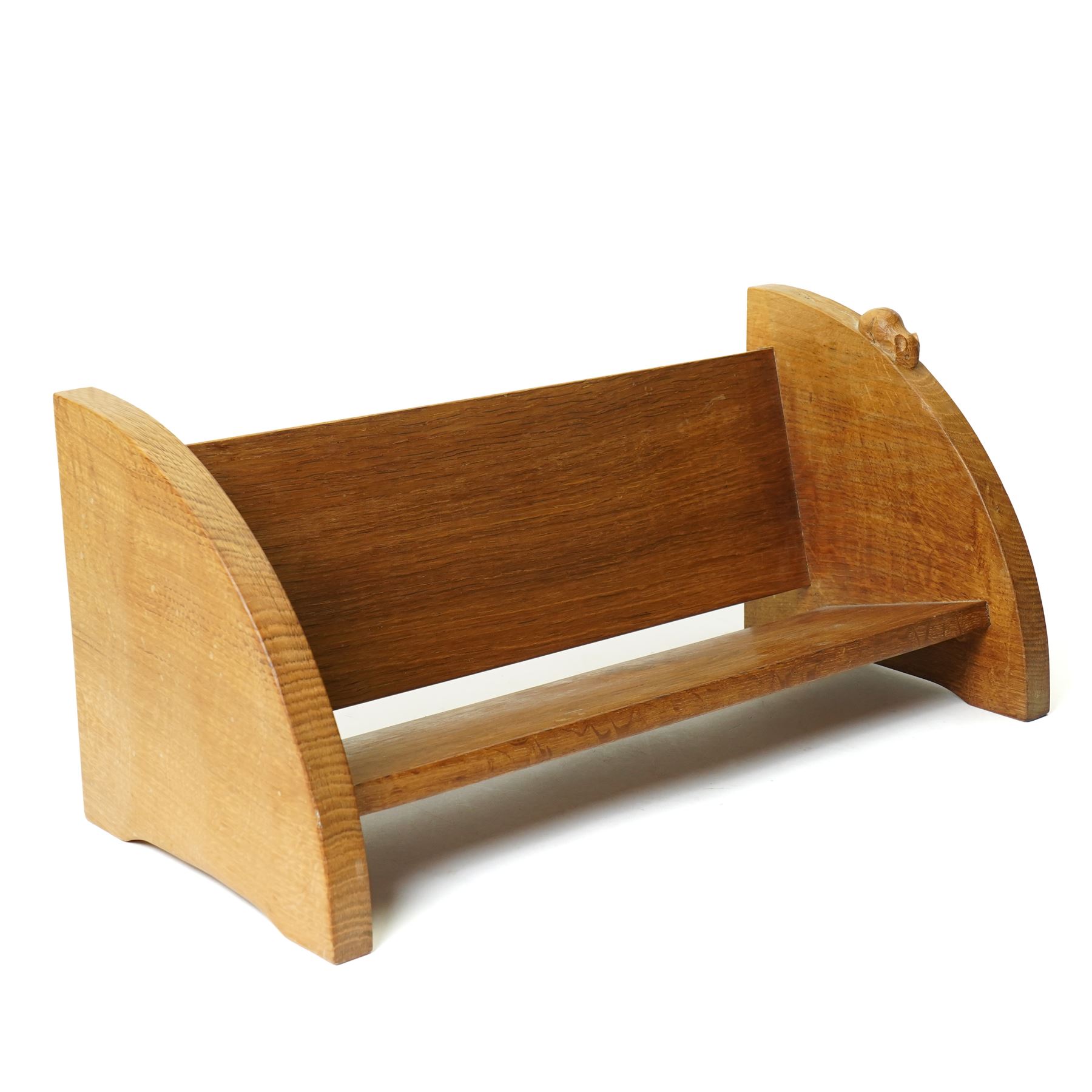 Mouseman - adzed oak book trough, curved end supports, with carved mouse signature, by the workshop of Robert Thompson of Kilburn