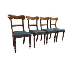 Set four Victorian mahogany dining chairs, shaped cresting rail over centre rail, seat upholstered in blue patterned fabric, raised on turned supports
