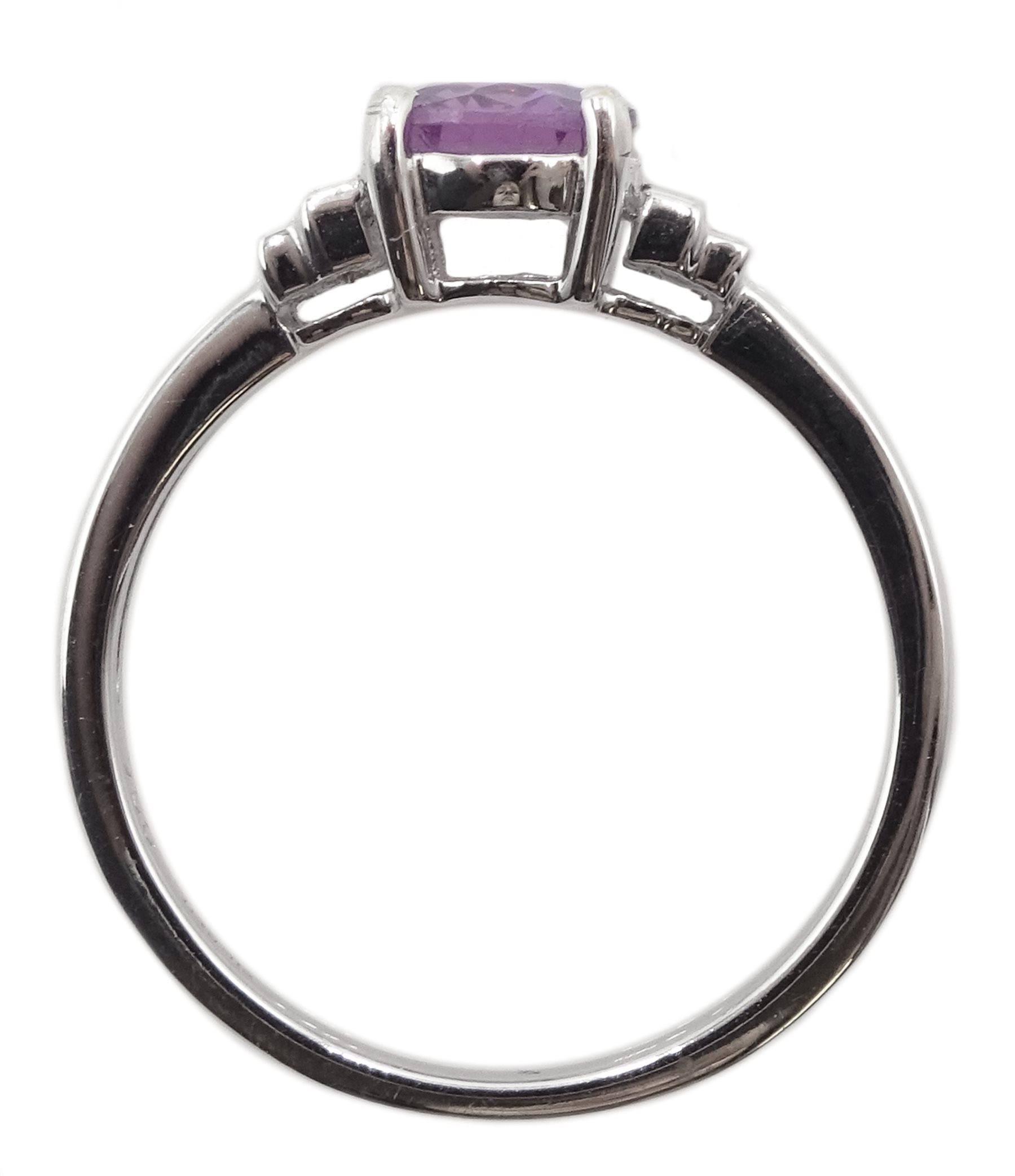 18ct white gold fancy purple sapphire ring, with baguette diamond shoulders, hallmarked