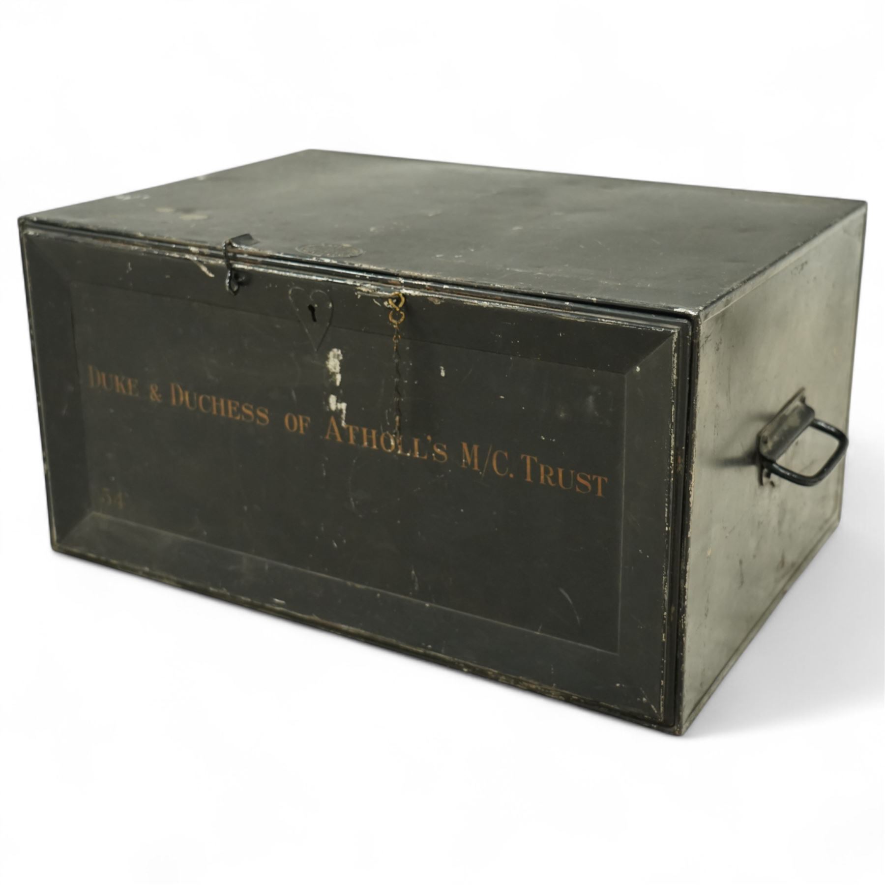 19th-century painted steel document box, front opening with shelf and side-mounted carrying handles, with maker's stamp for John Kelly & Son, Edinburgh, painted in gold lettering, 