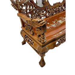 Chinese hardwood three-seat sofa, shaped back inset with three grey marble panels, decorated with carved dragons and birds with flower heads, inlaid with mother of pearl, the seat panel decorated with trailing foliage, flowers and birds inlay, on ball and claw carved cabriole feet united by stretchers