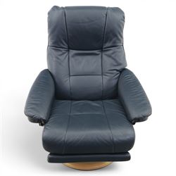 Ekornes - Stressless 'Mayfair, Classic Power' motorised swivel recliner armchair, size medium, upholstered in blue leather, raised on an oak finish frame