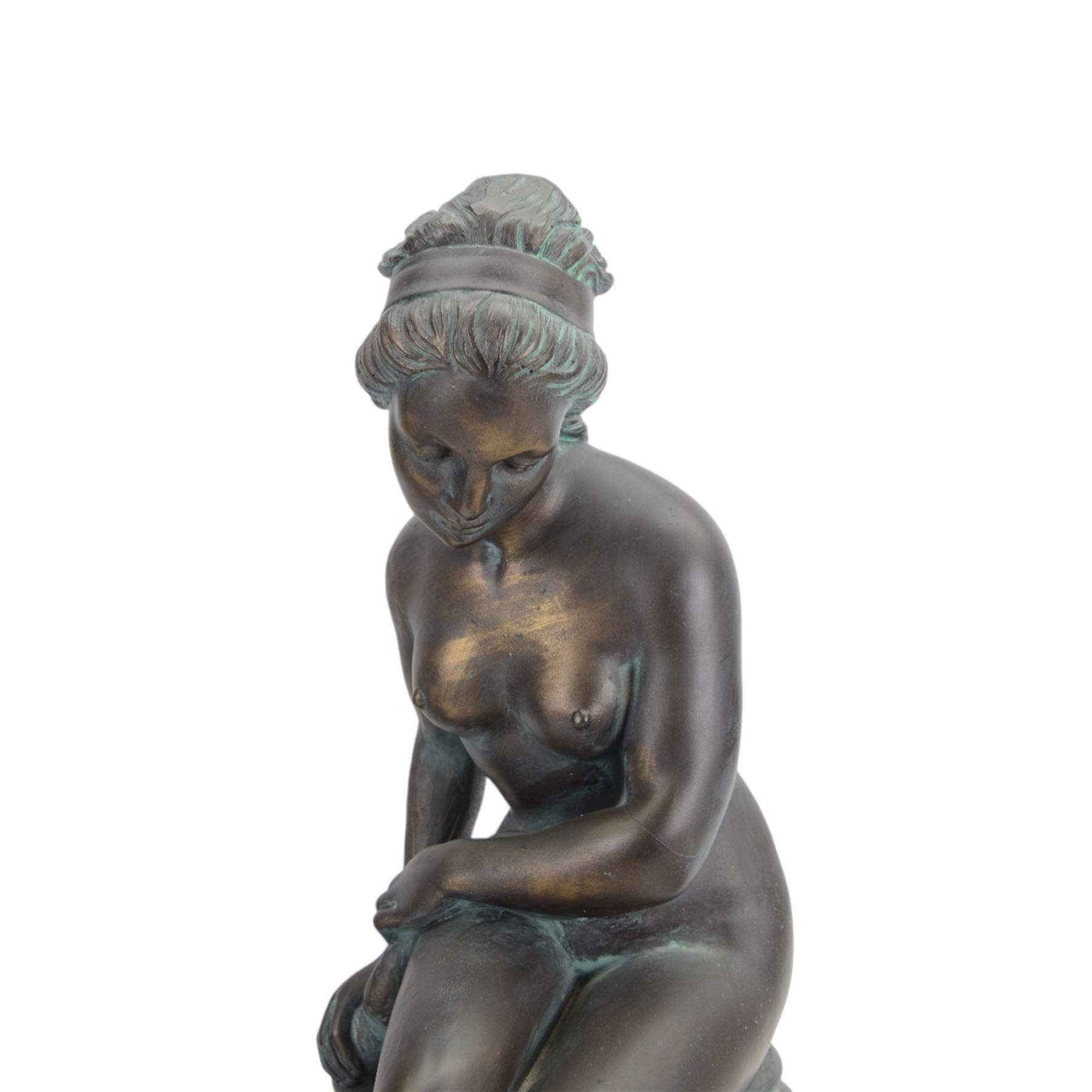 Austin Productions Art Nouveau style sculpture 'La Grace' after Eugene Marioton, signed and with impressed marks, together with similar composite figure of a nude figure on a rock and a pillar, pillar H77cm