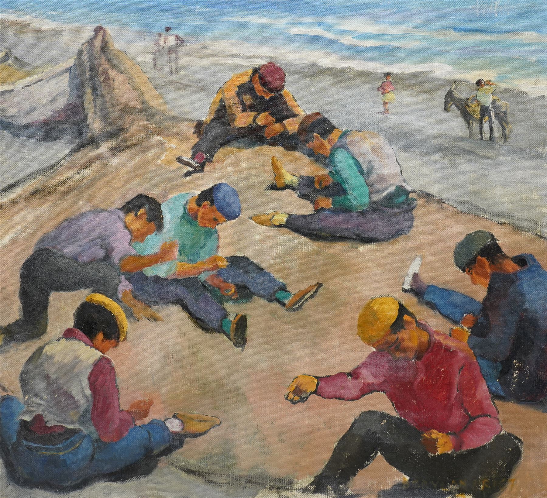 Beryl Newman (Trist) (1906-1991): 'Mending the Nets - Costa Del Sol Spain', oil on canvas signed, inscribed verso 51cm x 56cm (unframed)