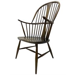 Ercol - 'Windsor' elm and beech high back chair, double hoop and stick back with shaped splat, on splayed turned supports with H stretchers