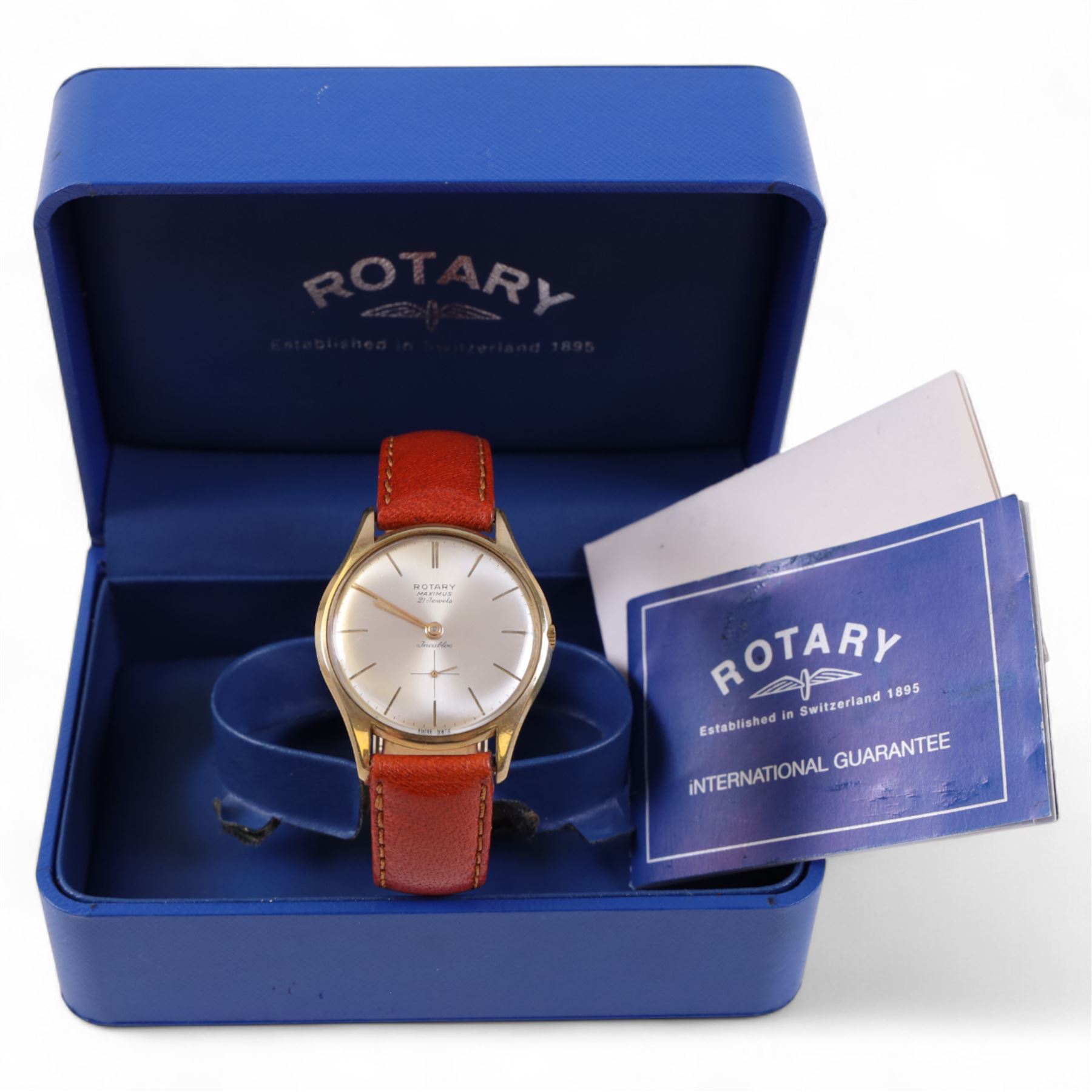 9ct gold cased Rotary Maximus 21 Jewels Incabloc wristwatch, on leather strap, boxed