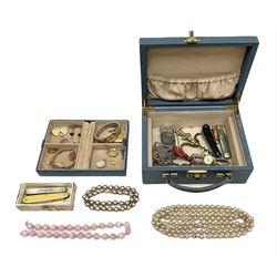Small 9ct gold charm in the form of a pig, watch with 9ct gold back, and a selection of various costume jewellery, pen knives, corkscrew, buckle, etc., in jewellery box 
