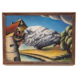 S E Barber (British Mid-20th Century): Surreal 'Landscape Fantasy', oil on board signed, titled on International Amateur Art Exhibition label verso 35cm x 50cm 