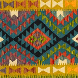 Maimana kilim flatweave runner, central field features a large bold nested diamond motif and stylized geometric lozenge patterns on olive purple, blue, and green tone ground, border stripe in teal ground, and fringe