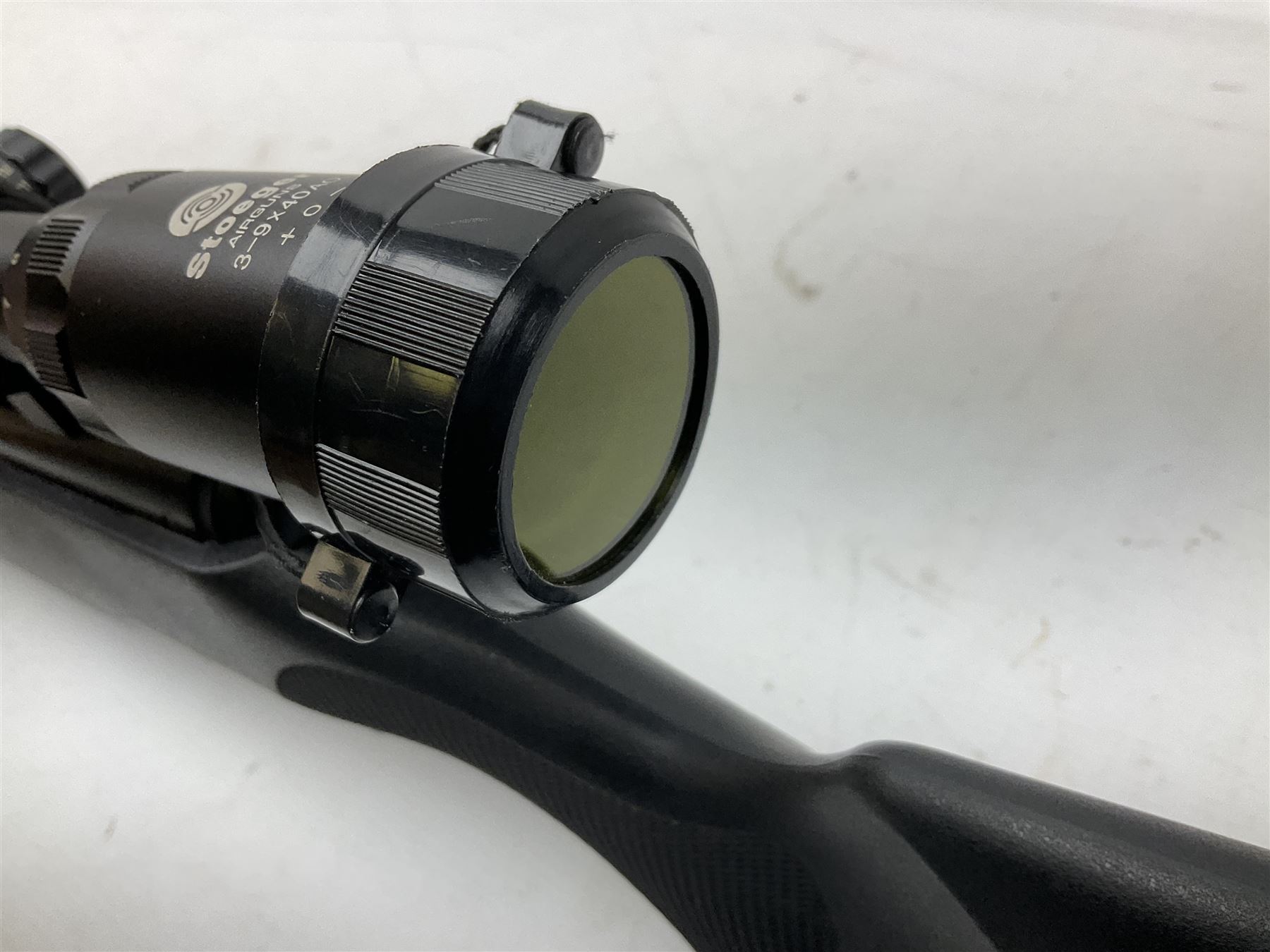 Stoegar .177 air rifle with break barrel action, 3 x 9 telescopic sight and fully integrated sound moderated barrel, no visible serial number, L109cm; in Stoeger lined gun sling