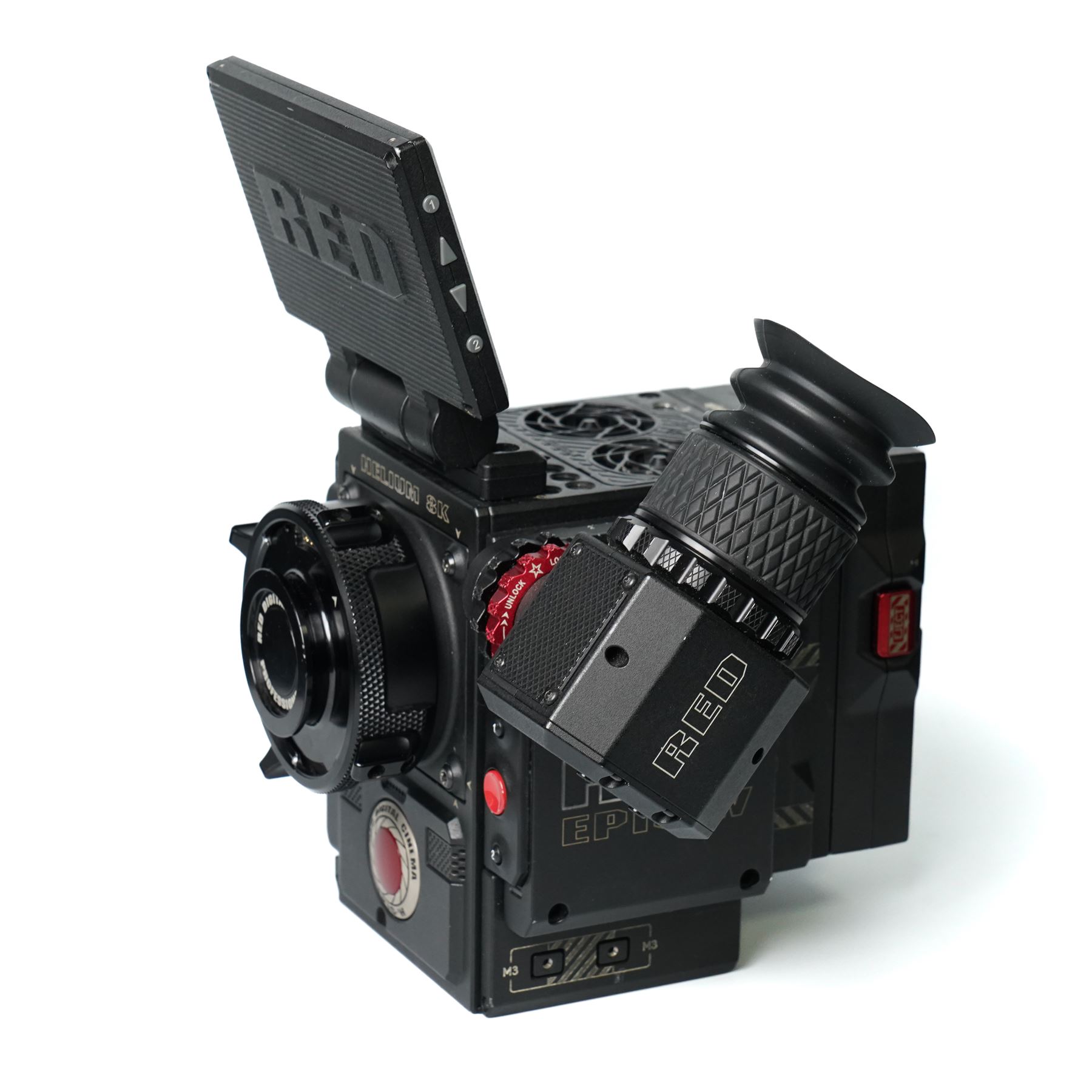 RED Epic-W Helium 8K camera body serial no. 13024E6A9, with RED EVF, three RED Mini Mag 512GB cards, one 480 Mini Mag card and reader, two RED V-Mount batteries and charger, RED top handle, Wooden Camera Easy Top top plate and one other top plate, various accessory cables, Wooden Camera bridge plate for 19mm studio rods, 12 inch Wooden Camera Dovetail plate and four 19mm studio rods to include two 380mm and two 610mm, with original Epic-W camera box and contained within a custom cut flight case